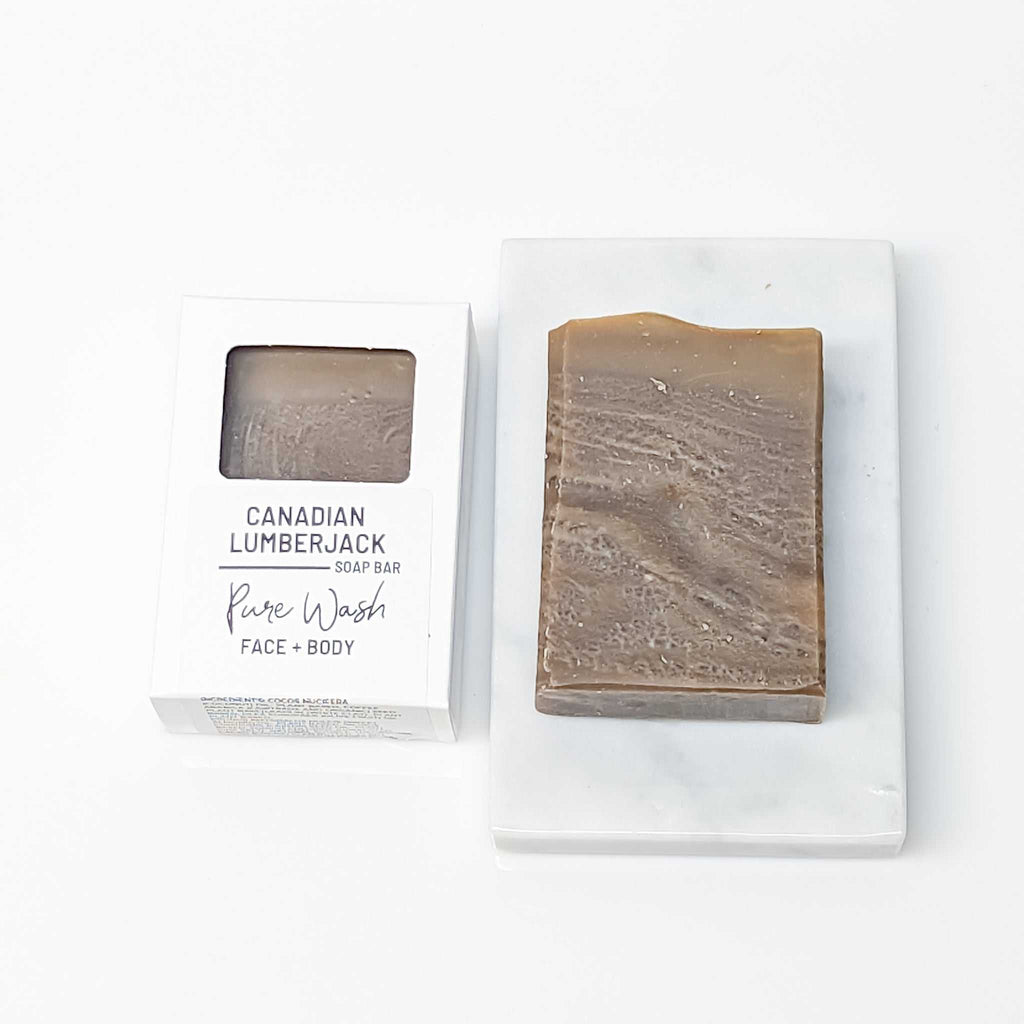Canadian Lumberjack Soap Bar with natural ingredients on a white background.