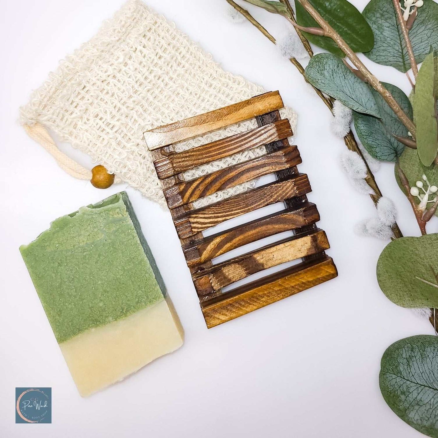Elegant wooden soap tray and soap saver bag combo | CG Pure Wash