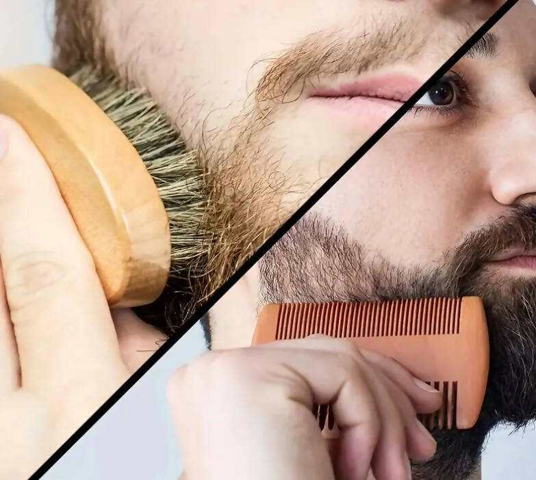 Man using Deluxe Beard Grooming Kit with brush and comb for beard care.