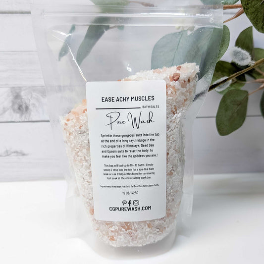 Ease achy muscles relaxation Bath Saltsbath salt soakCG Pure WashOur Ease Achy Muscles Relaxation Bath Salts offer an unparalleled relaxation experience that goes beyond revitalizing your body and elevates your self-care routine t