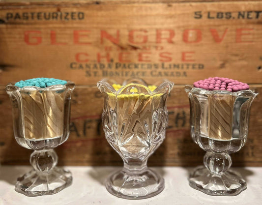 Vintage Flowered Glass GobletsMatch VesselVintage Flowered Glass Goblets repurposed into match vessels! Filled with colored matches made of aspen wood, hand crafted in Lithuania. Striker is located at the boVintage Flowered Glass GobletsCG Pure Wash