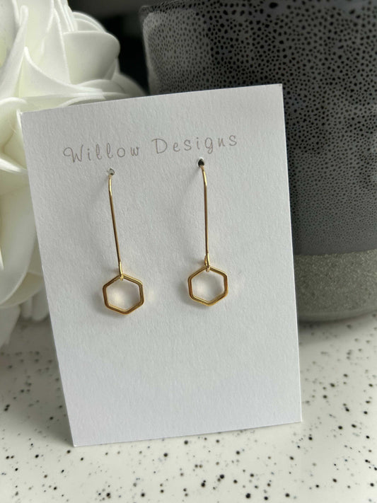 Gold Dropped Hook Hexagon Dangly’s Earrings | 14K Gold Plated | CG Pure Wash